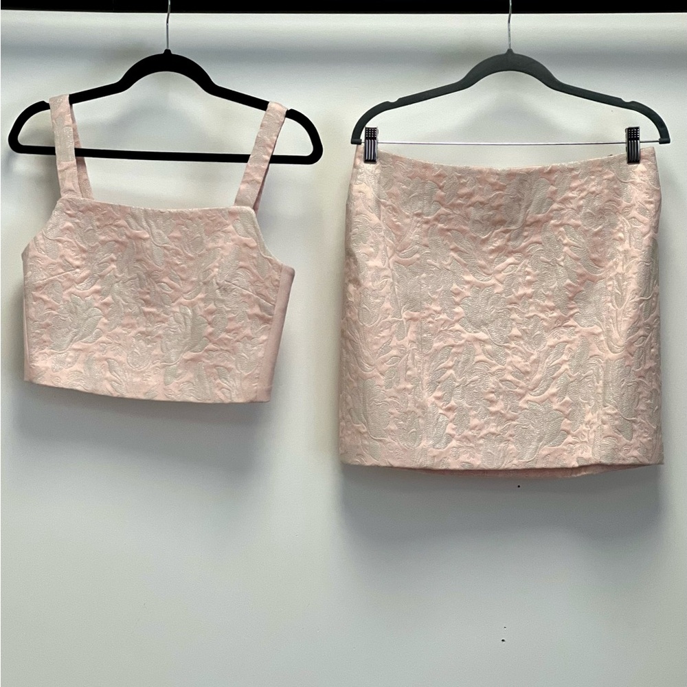 Vintage pastel pink/peach Brocade/2 piece set/crop top and mini skirt